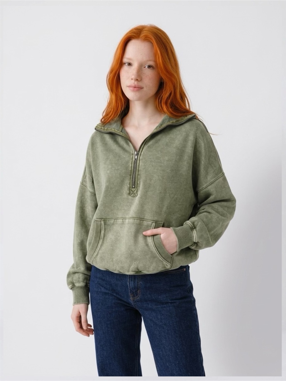 Zenana - Olive Half-Zip Pullover Hoodie